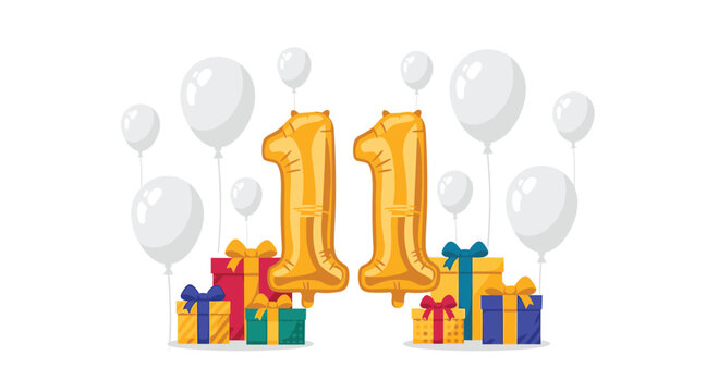 Elegant golden number eleven balloons stand prominently behind a stack of patterned gift boxes surrounded by floating white balloons on a white floor.