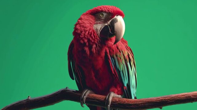 A vibrant red macaw parrot perched on a branch against a solid green screen background