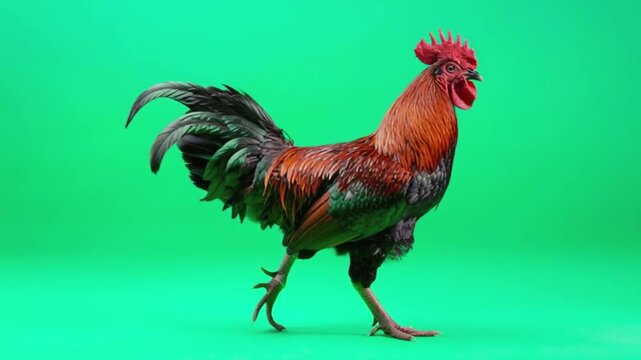 A majestic rooster standing on one leg isolated on a solid green screen background