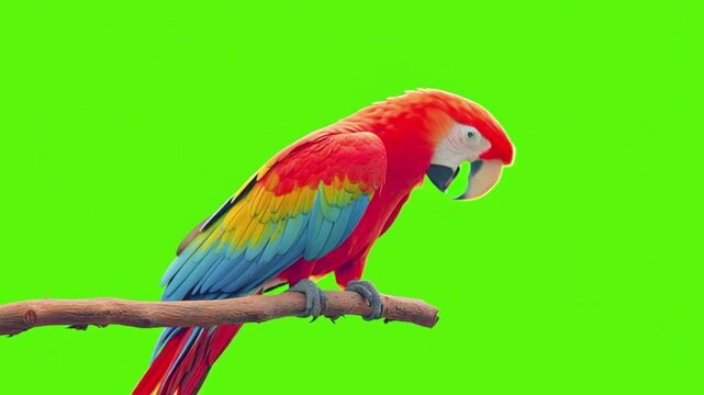 Scarlet macaw parrot perched on a branch against a vibrant green screen background