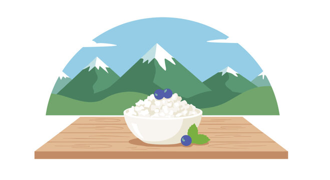 A nutritious bowl of fresh cottage cheese topped with ripe blueberries sits on a wooden table before a stunning mountain landscape under blue skies.