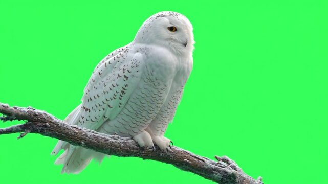 Snowy owl perched on a branch against a solid green screen background