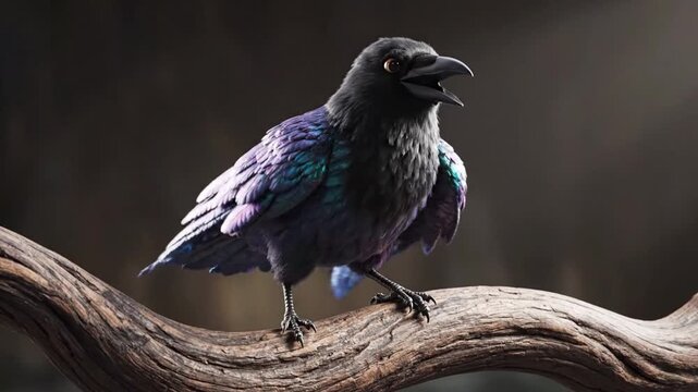 Crow performs dance on branch with CG fur rendering showing realistic details at twilight settings