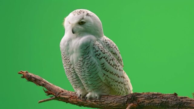 Snowy owl perched on a branch against a green screen background