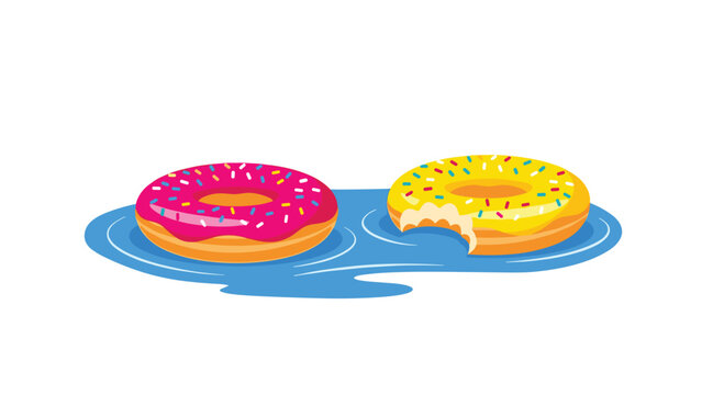 Two colorful inflatable donut rings featuring bright pink and yellow frosting float playfully in a small pool of blue water against a white background.