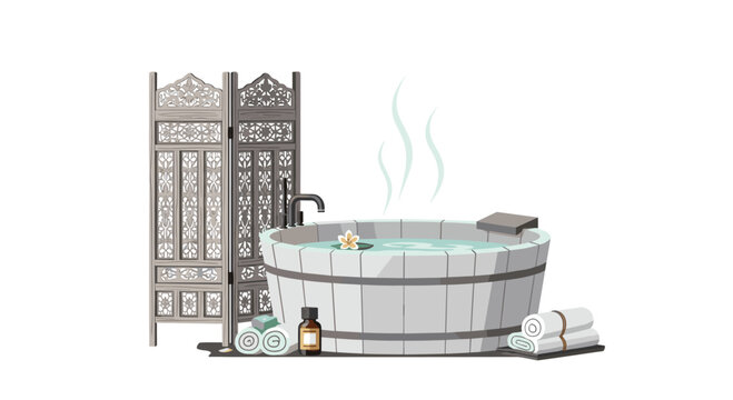 A modern circular wooden bathtub filled with steaming water sits elegantly beside an ornate gray folding screen and neatly rolled white towels on white.