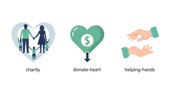 Vector illustration of charity, donation, and helping hands concepts, depicting family support, financial giving, and community assistance.