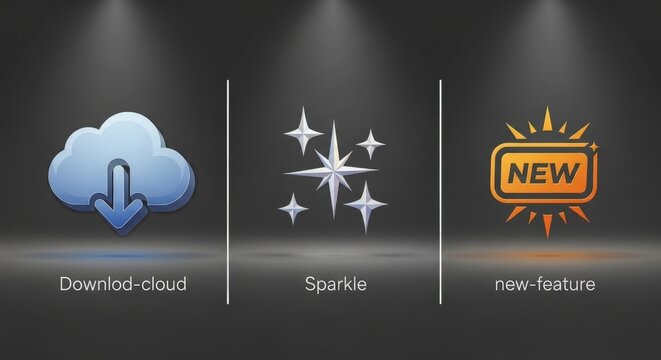 Three illuminated icons representing download, sparkle, and new features on a dark background.