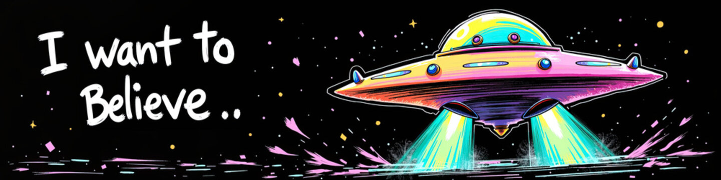 I want to believe text with colorful flying saucer. UFO doodle banner on black background. Sci-fi space illustration with light beams