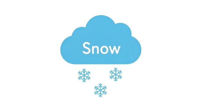 A simple graphic illustration of a blue cloud with the word 'Snow' and three falling snowflakes, representing winter weather conditions.
