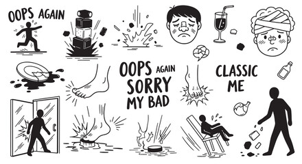 Obraz premium Clumsy accidents and oops moments doodle collection showing people making mistakes in line art style.