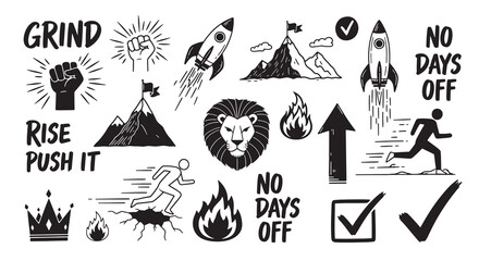 Fototapeta premium Set of motivational icons, grind hard, no days off, rise up, push it, success symbols.