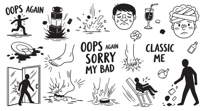Clumsy accidents and oops moments doodle collection showing people making mistakes in line art style.