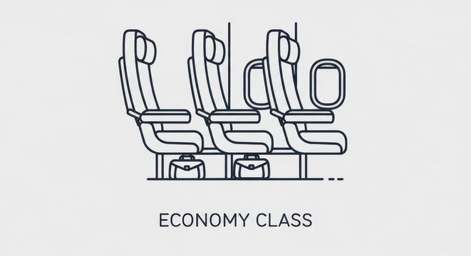 Line art illustration of three economy class airplane seats, depicting standard travel comfort.