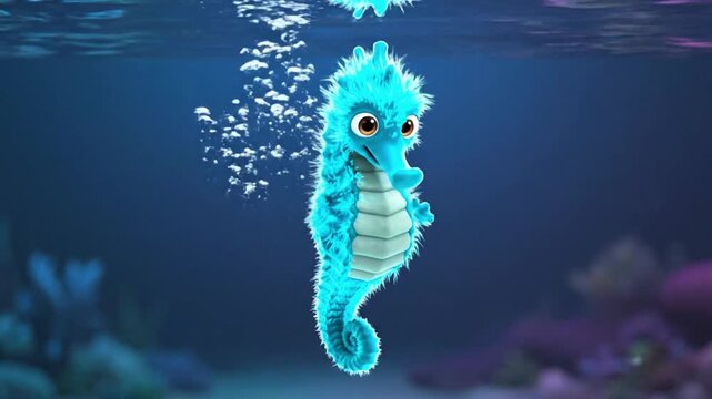 Seahorse performs dance in vibrant underwater world with realistic CG fur and details