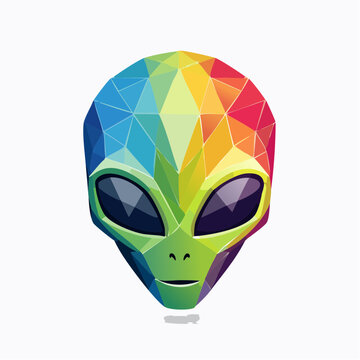 Colorful low poly alien head illustration with vibrant geometric facets and futuristic extraterrestrial design concept