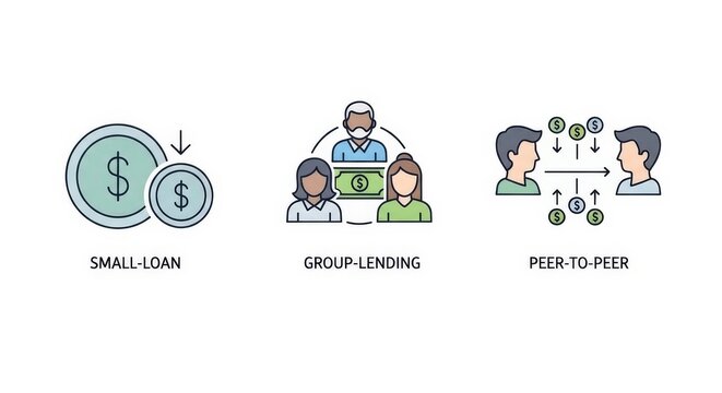 Illustrative icons depicting small loans, group lending, and peer-to-peer financial services concepts.