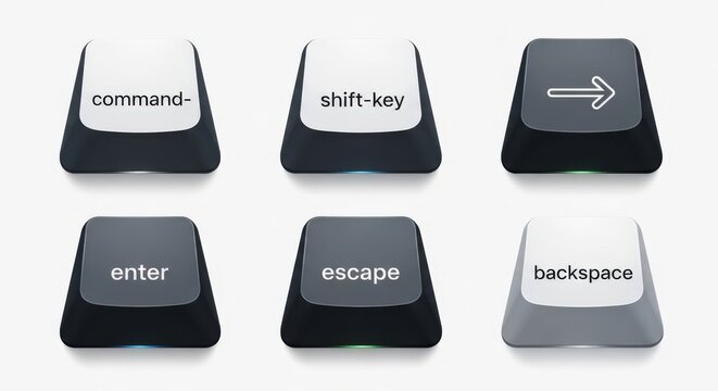 Six individual computer keyboard keys including command, shift, arrow, enter, escape, and backspace, isolated on a clean white background.