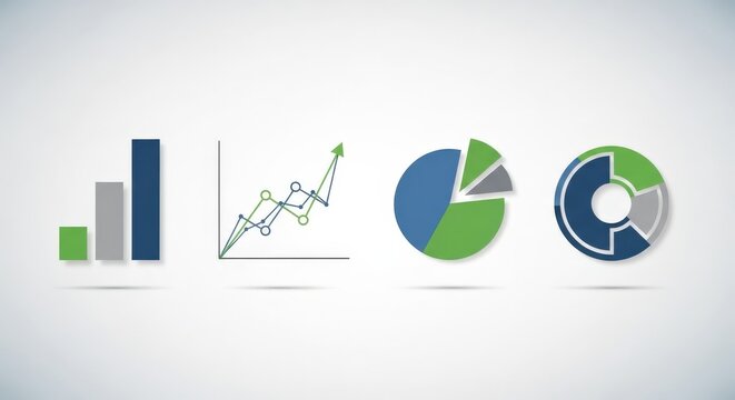 Four distinct types of data visualization charts including bar, line, pie, and donut graphs on a light background, representing business analytics.
