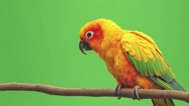 A vibrant sun conure parrot perched on a wooden branch against a solid green screen background