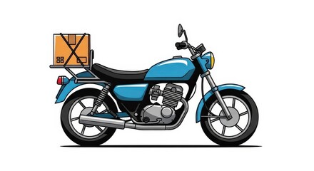 Obraz premium Illustration of a blue delivery motorcycle with a brown package strapped to its rear rack, ready for transport.