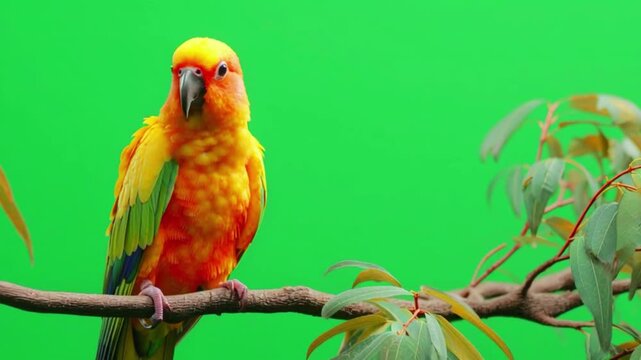 Sun conure parrot perched on a branch against a vibrant green screen background
