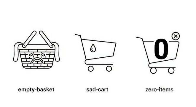 Three black and white line art icons depicting empty shopping baskets and carts with sad expressions or zero items, representing a lack of purchases.