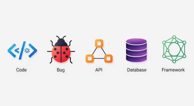 Icons representing key concepts in software development and programming, including code, bugs, APIs, databases, and frameworks on a white background.
