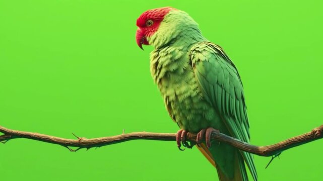 Portrait of a vibrant green parrot with a red head perched on a wooden branch against a solid green screen background