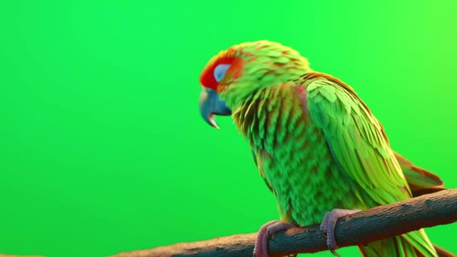 Closeup of a vibrant green parrot with orange head markings perched on a branch against a solid green screen background