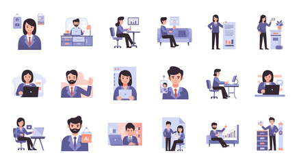 Fototapeta premium Modern flat style business illustrations of diverse professionals working, collaborating, and meeting in various office and remote settings, highlighting corporate productivity and teamwork