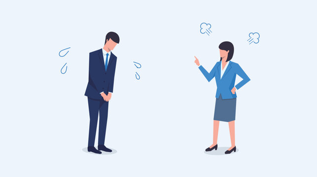 仕事上の失敗で相手を叱咤する人物と頭を下げて謝罪する人物のベクターイラスト