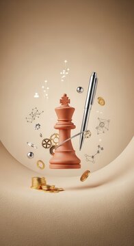 Leadership and Brand Strategy Concept: 3D Terracotta King Chess Piece and Platinum Stylus in Minimalist Luxury Void