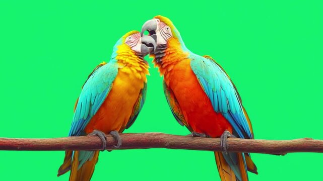 Two beautiful colorful macaws perched on a branch against a solid green screen background