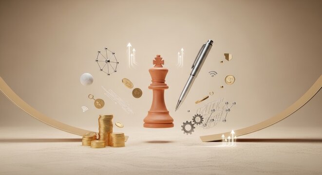 Leadership and Brand Strategy Concept: 3D Terracotta King Chess Piece and Platinum Stylus in Minimalist Luxury Void