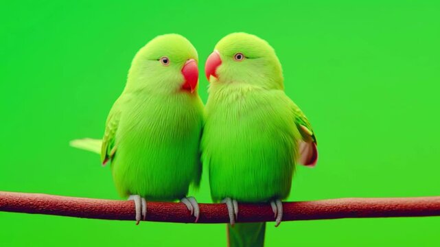 Two vibrant green parrots with red beaks perched on a brown branch against a bright green screen background