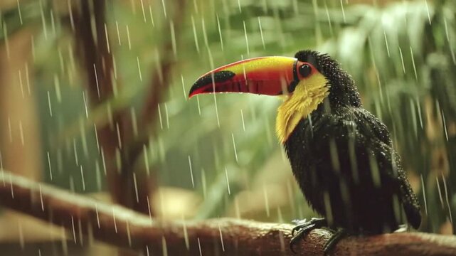 A vibrant toco toucan perched on a tree branch during a gentle rain shower in a lush tropical rainforest environment