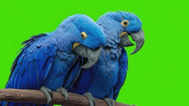 Two blue hyacinth macaws perched on a branch against a green screen background