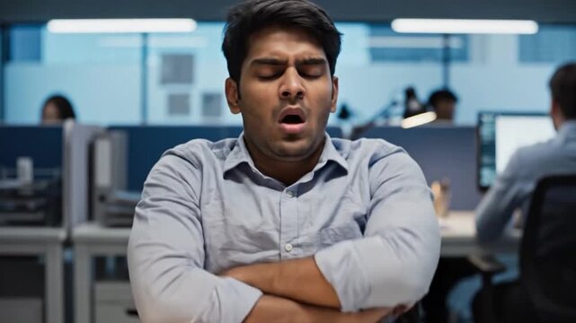 Stressed Worker Descriptor. Fatigued Data Analyst Showing Frustration Amidst Demanding Deadlines And Noise. Tense Cubicle Worker Exhibiting Visible Exhaustion And Annoyance During Busy Work Hours