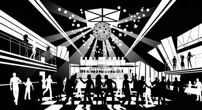 Nightclub scene with disco ball and dancing silhouettes.