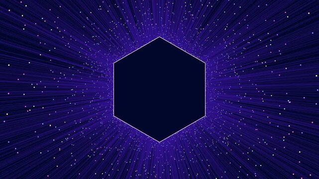 Abstract sci fi background footage with purple radial light streaks and sparkling particles around a dark hexagon center, ideal for technology, gaming, and promo designs
