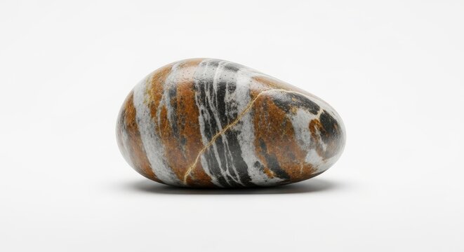 A smooth, polished stone with striking orange, white, and black swirling patterns, resembling a river rock or pebble with natural mineral deposits and unique texture.