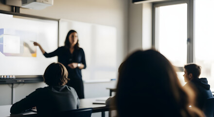 Fototapeta premium Teacher teaching students in contemporary classroom education scene .learning interaction knowledge sharing and modern academic environment.