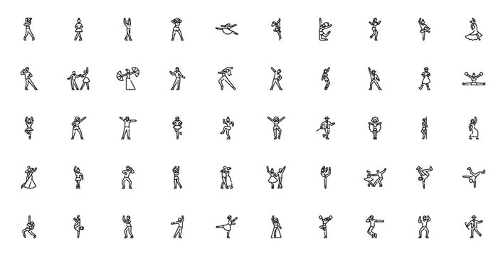 Dance styles icon set. Vector illustration of ballet, hip hop, salsa, flamenco, tap dance, breakdance, pole dance, samba, tango, belly dance and more.