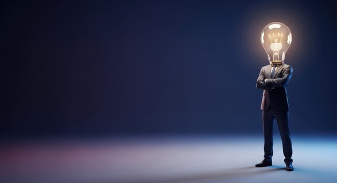 Large empty negative space framing a professional figure with 3D innovation light bulb head communicating advanced executive mindset and corporate vision