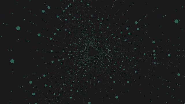 Futuristic radial particle tunnel forming silhouette on dark background, ideal for video streaming, media player UI, data flow, and tech intros