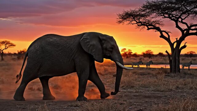 African elephant walking across savanna at sunset
