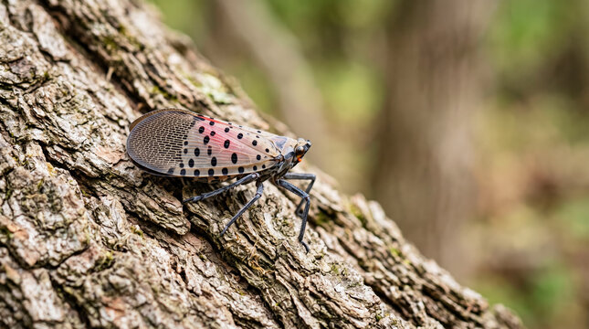 Spotted lanternfly on tree bark macro