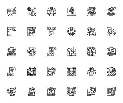Cyberbullying icon set. Vector illustration pack featuring hacker, victim, chat, offensive, justice, stop bullying, scam, blocking, cyber attack and more. Editable stroke.