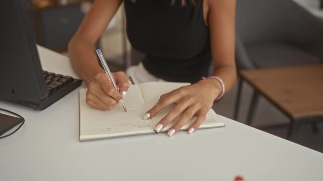 Thai woman with glasses writing notes and holding phone to ear at a studio desk; concentration productivity.